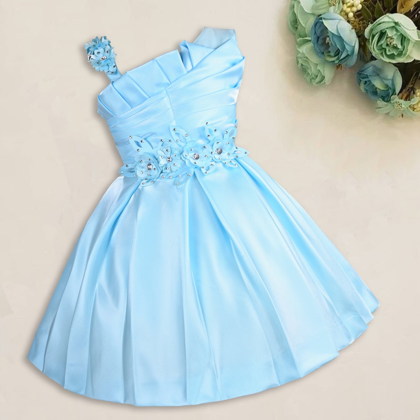 Girls Satin Embellished Flower Detailed Fit and Flare Dress