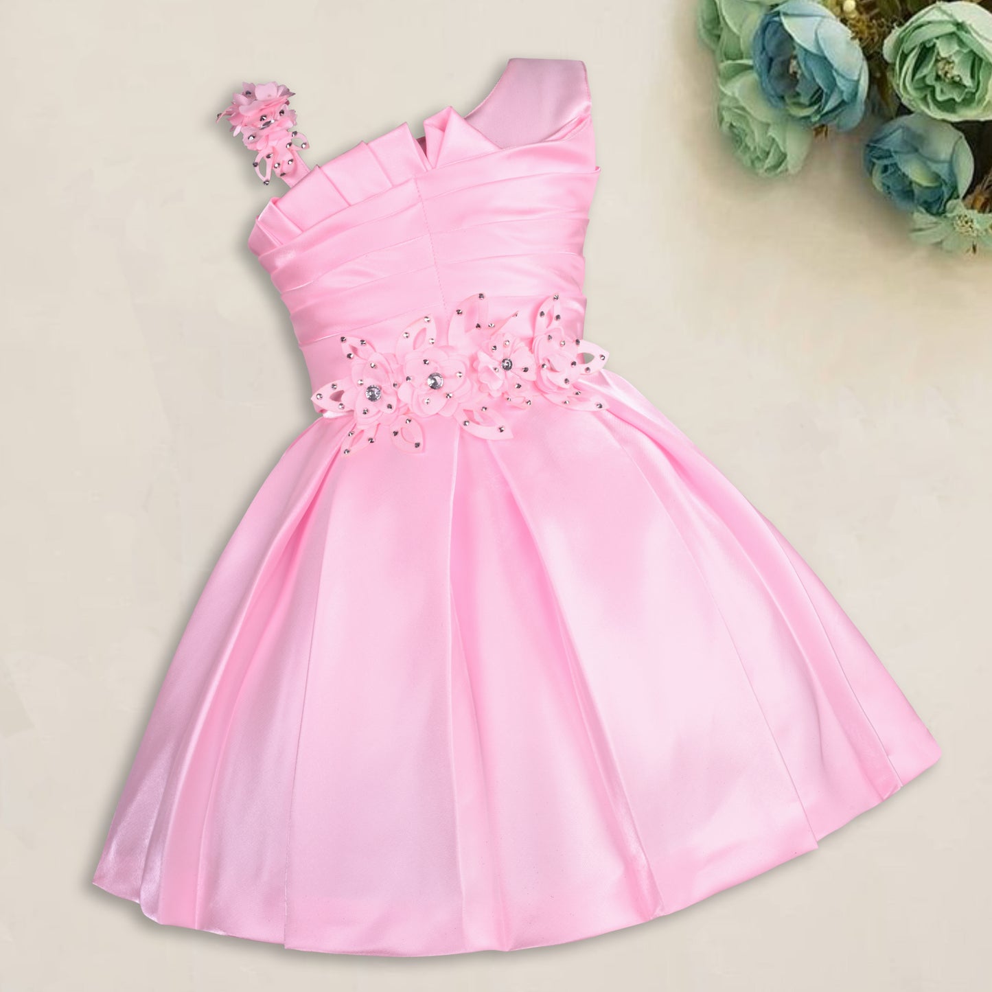 Girls Satin Embellished Flower Detailed Fit and Flare Dress