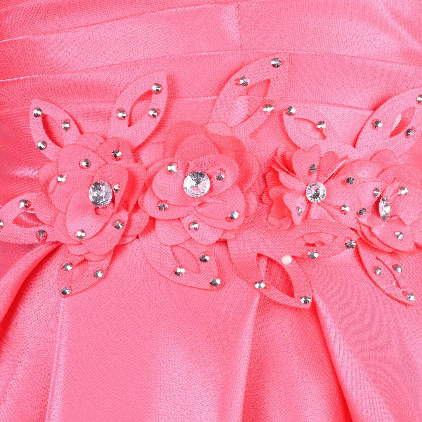 Girls Satin Embellished Flower Detailed Fit and Flare Dress
