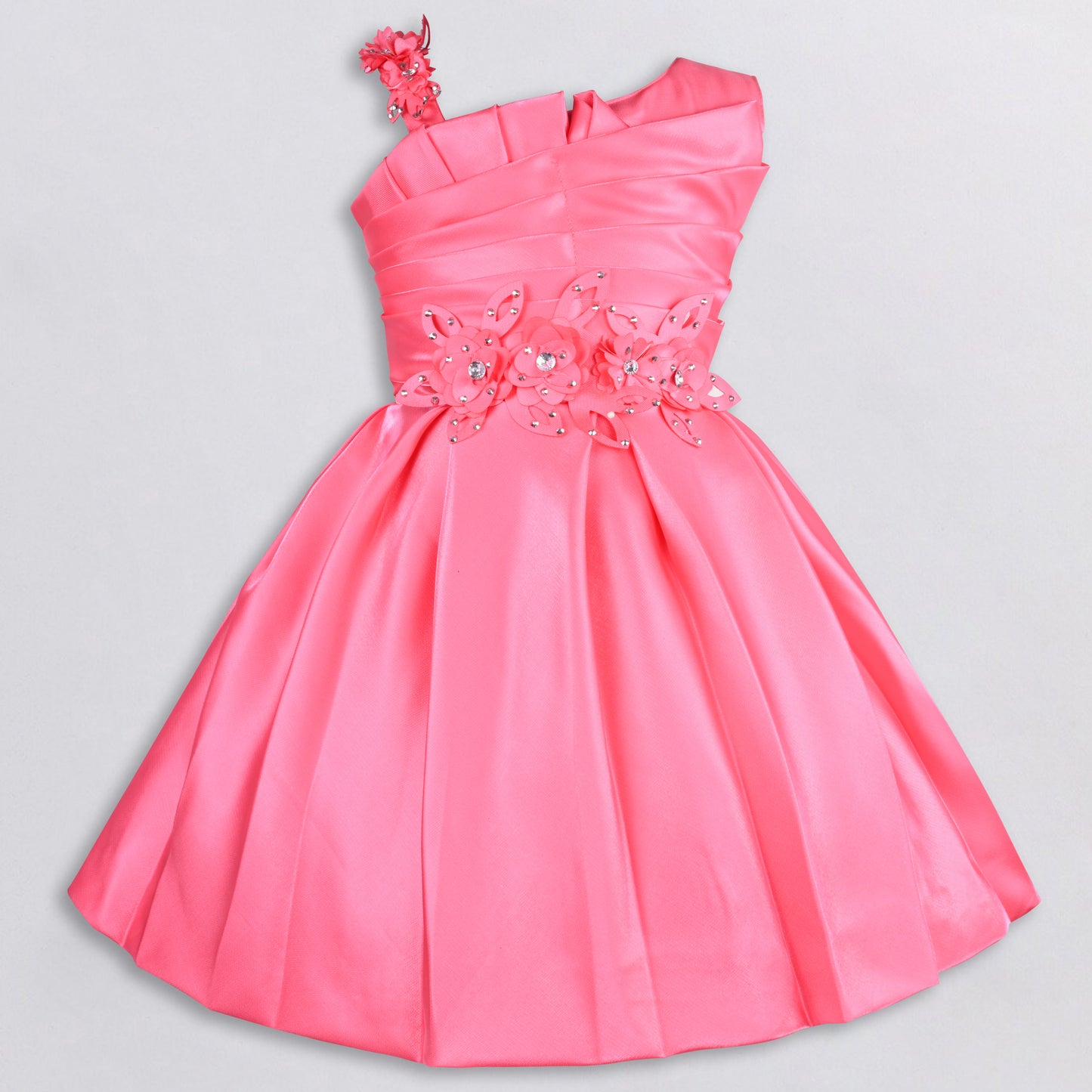 Girls Satin Embellished Flower Detailed Fit and Flare Dress