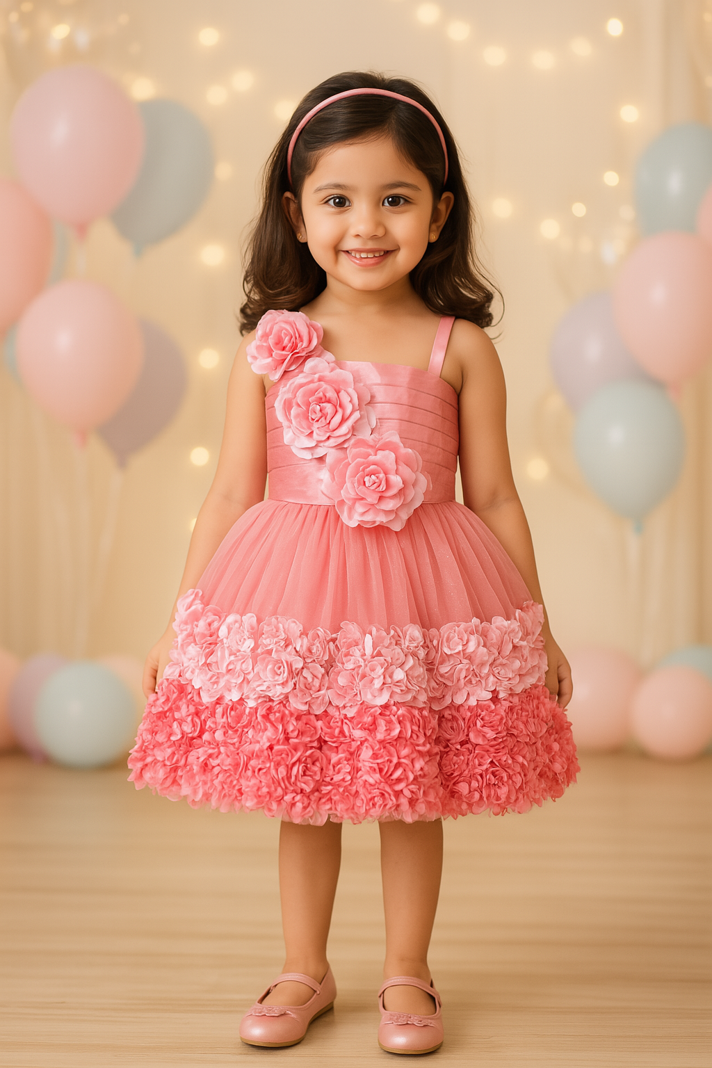 Girls Satin Flower Detailing Net Dress