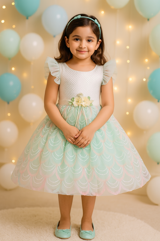 Girls Floral Embellished Ruffle Flared Party Dress