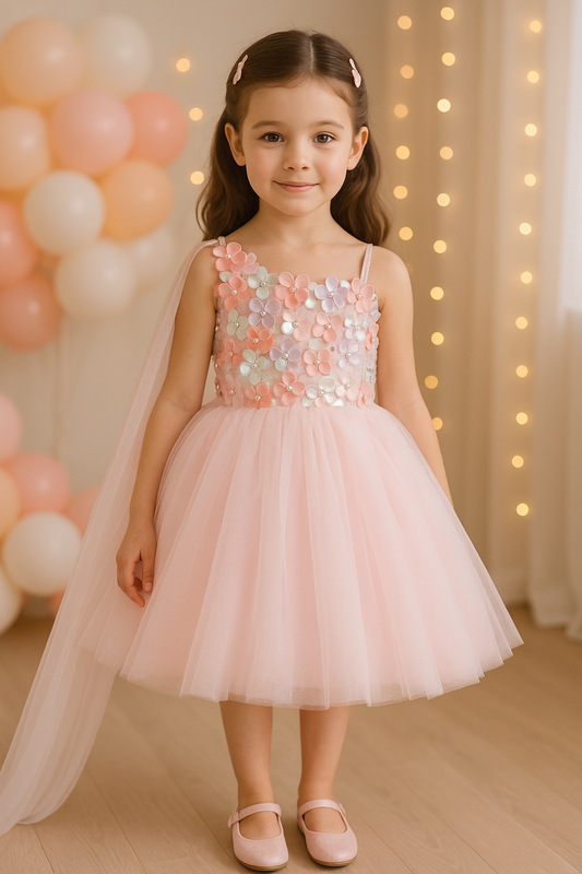 Girls Solid Net Fabric A-Line Frock Dress
