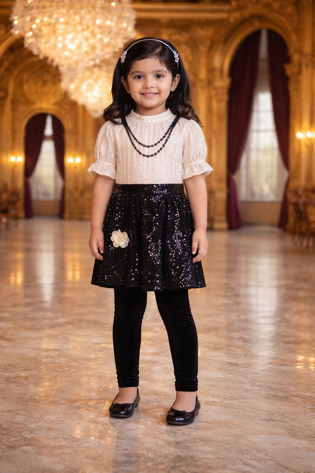 Girls Sequin Embellished Party Dress with Puff Sleeves