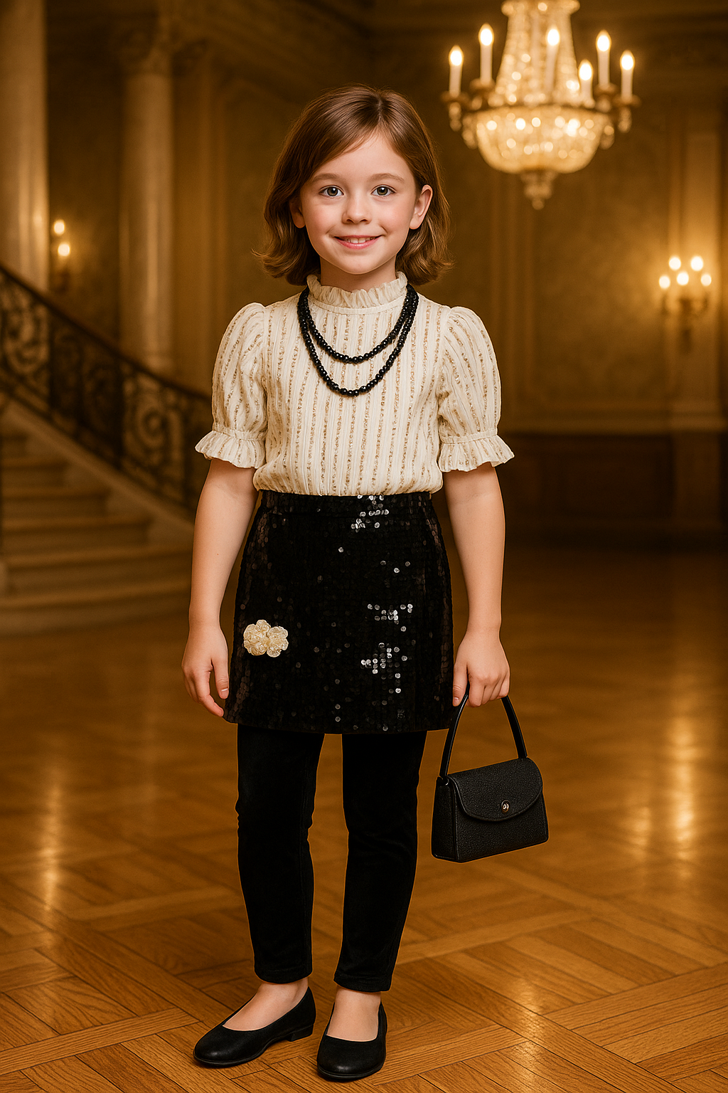 Girls Sequin Embellished Party Dress with Puff Sleeves