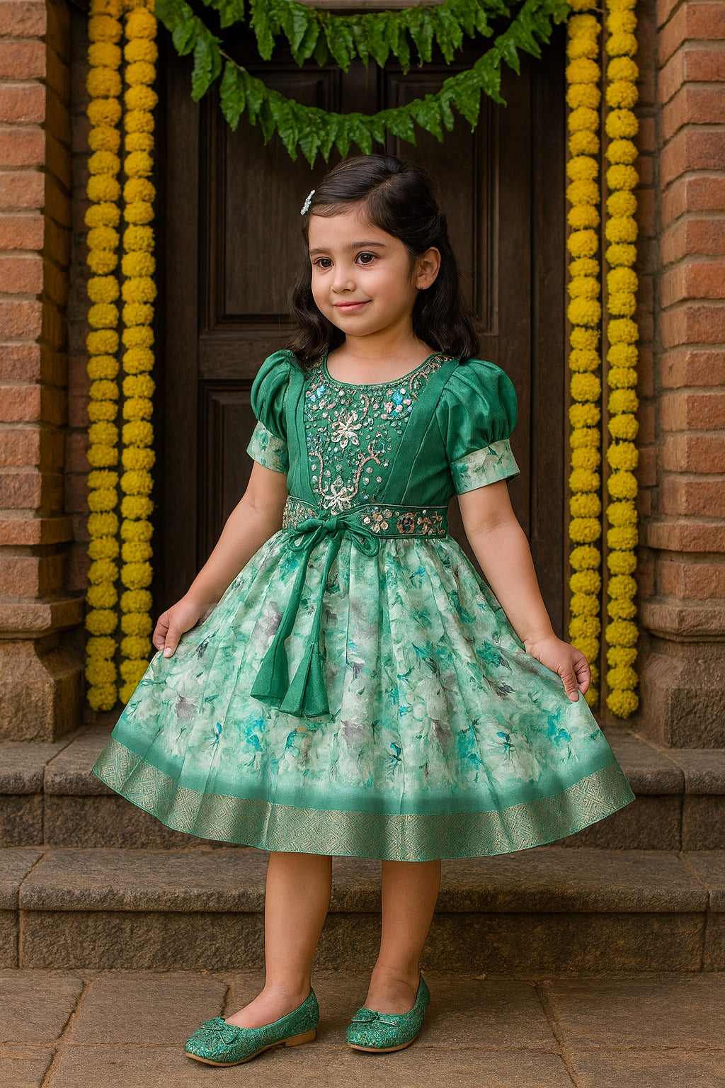 Girls Bead Embellished Zari Border Ethnic Dress