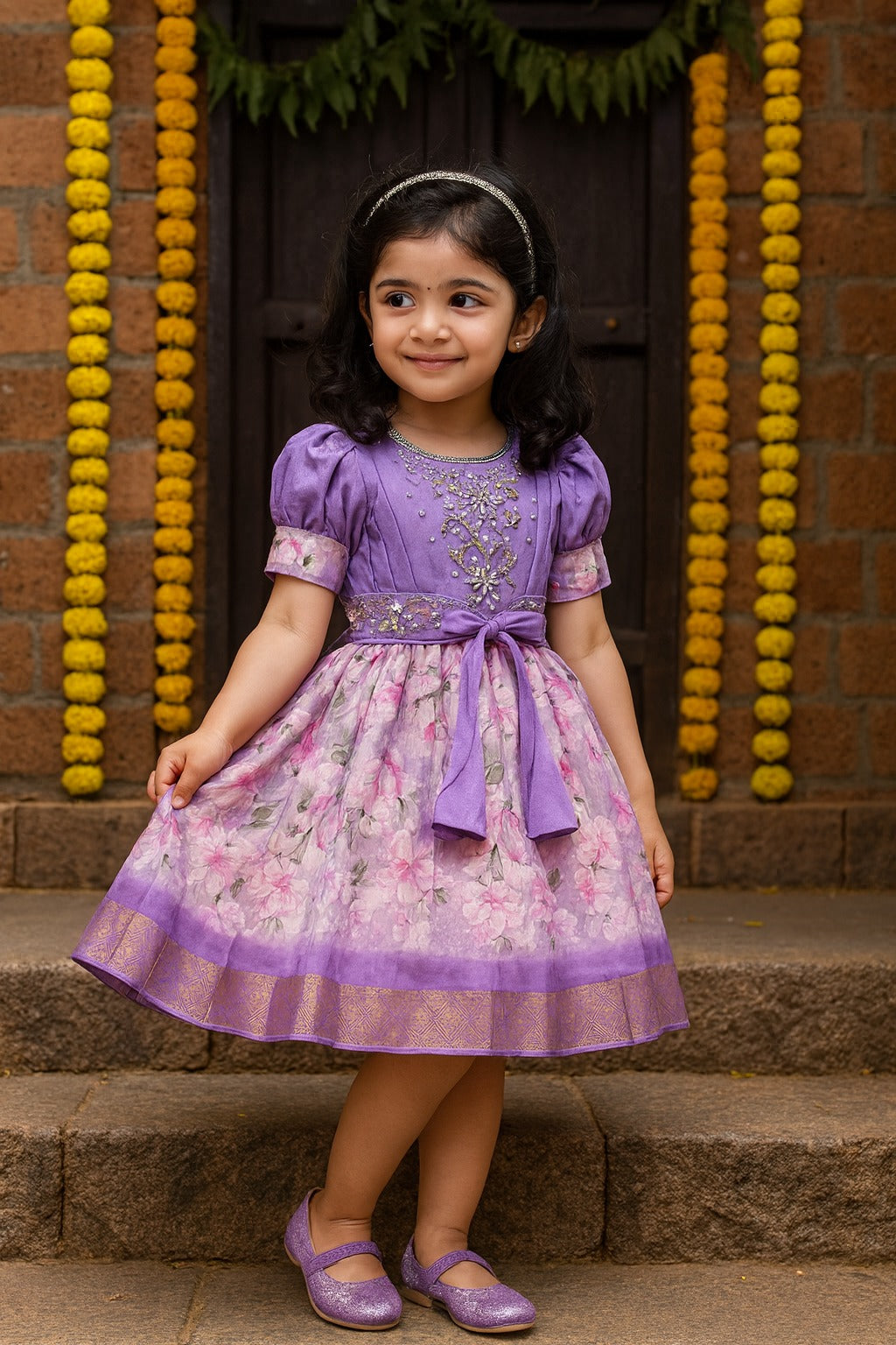 Girls Bead Embellished Zari Border Ethnic Dress