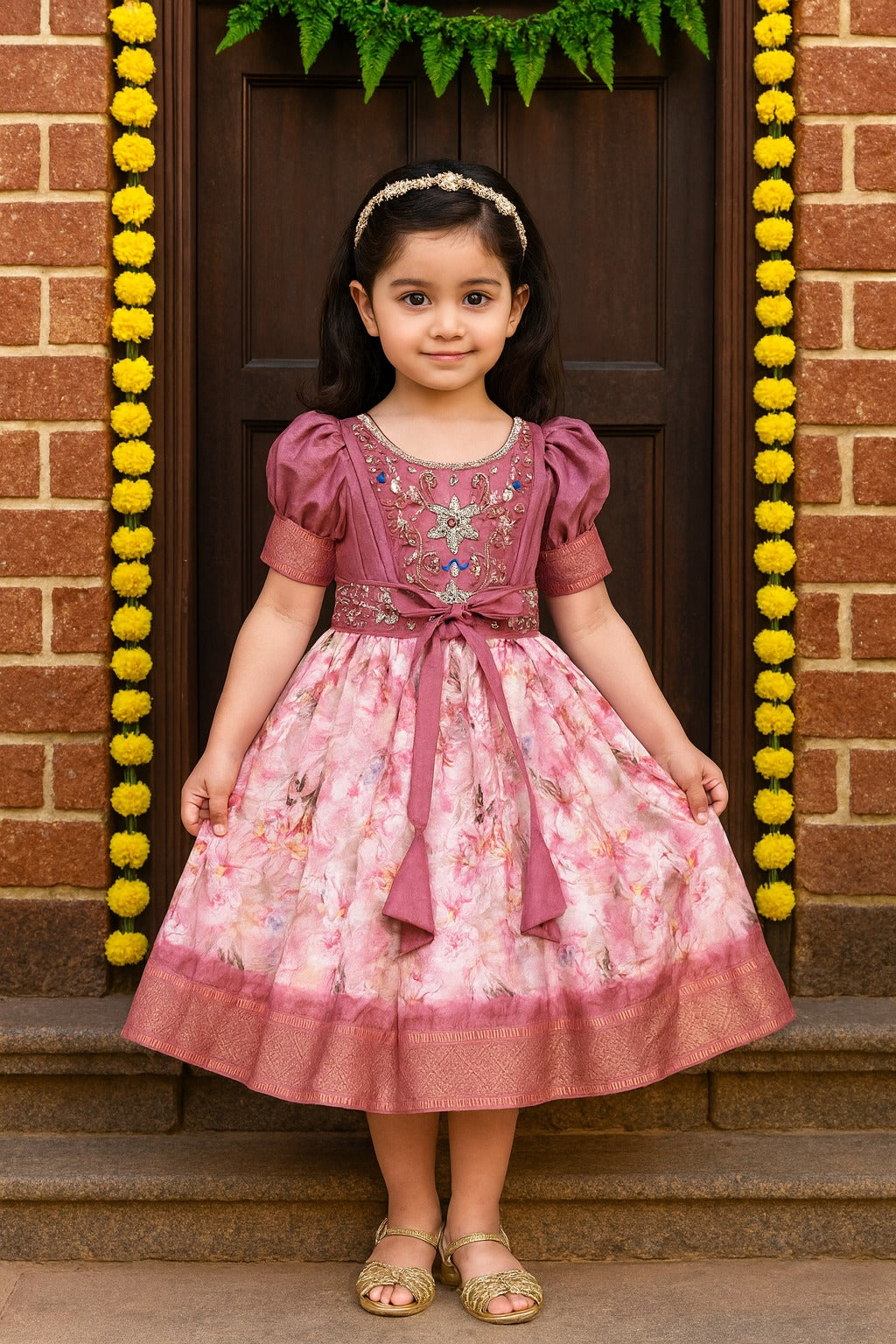 Girls Bead Embellished Zari Border Ethnic Dress
