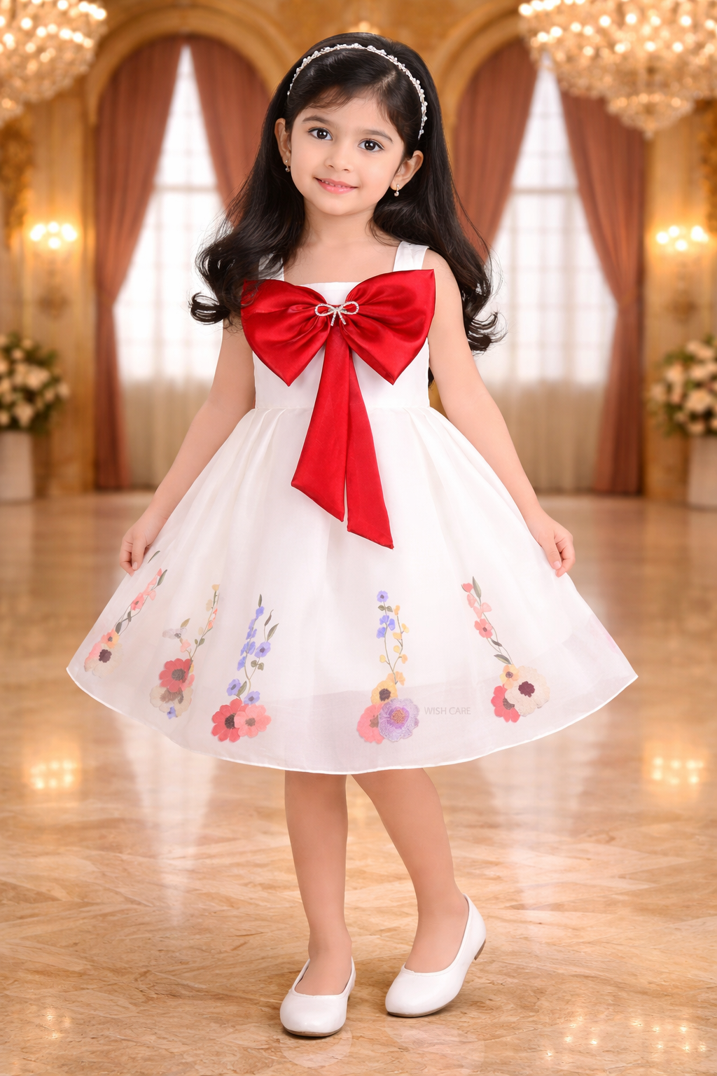 Girls Floral Print Elegant Bow Party Dress