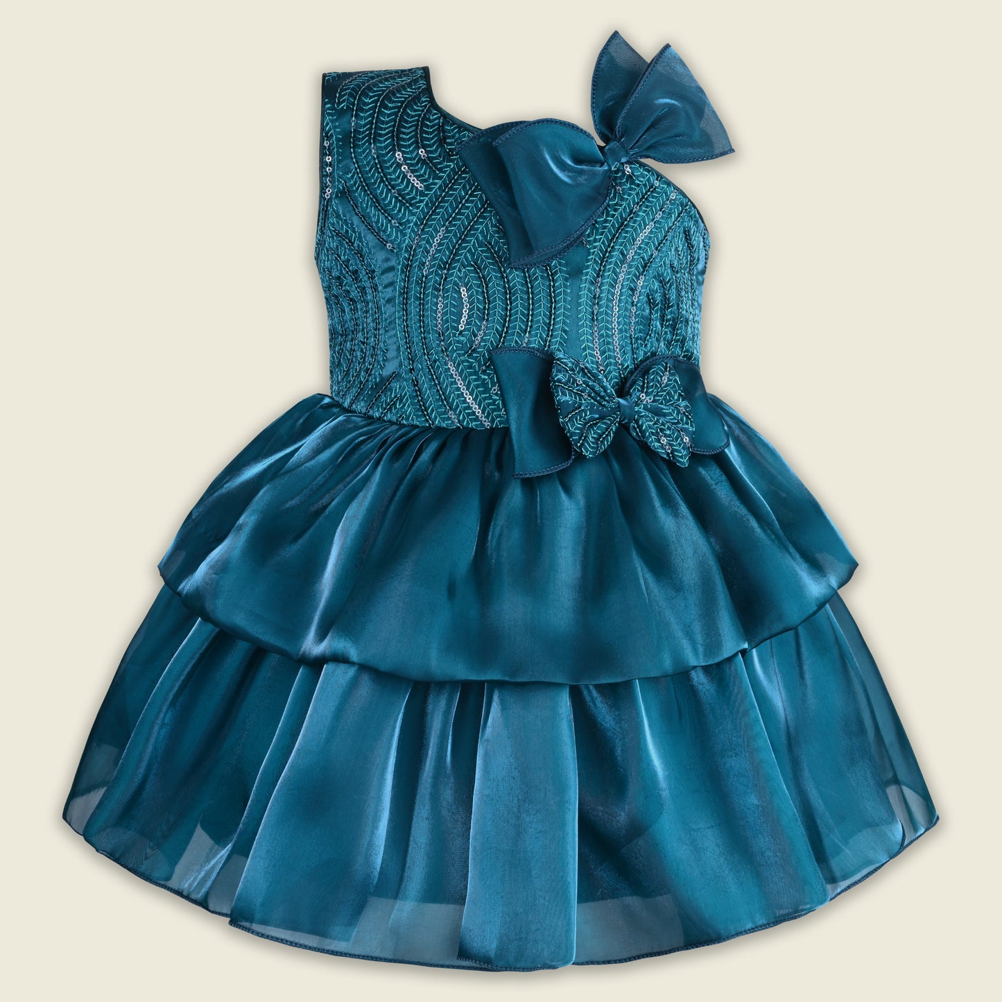 Girls Satin Layered Party Dress with Bow Design