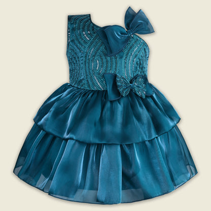 Girls Satin Layered Party Dress with Bow Design