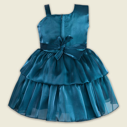 Girls Satin Layered Party Dress with Bow Design