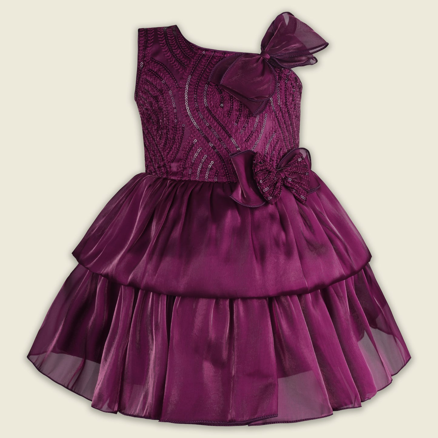Girls Satin Layered Party Dress with Bow Design