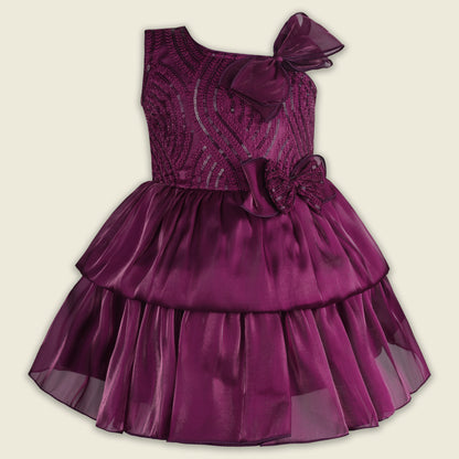 Girls Satin Layered Party Dress with Bow Design