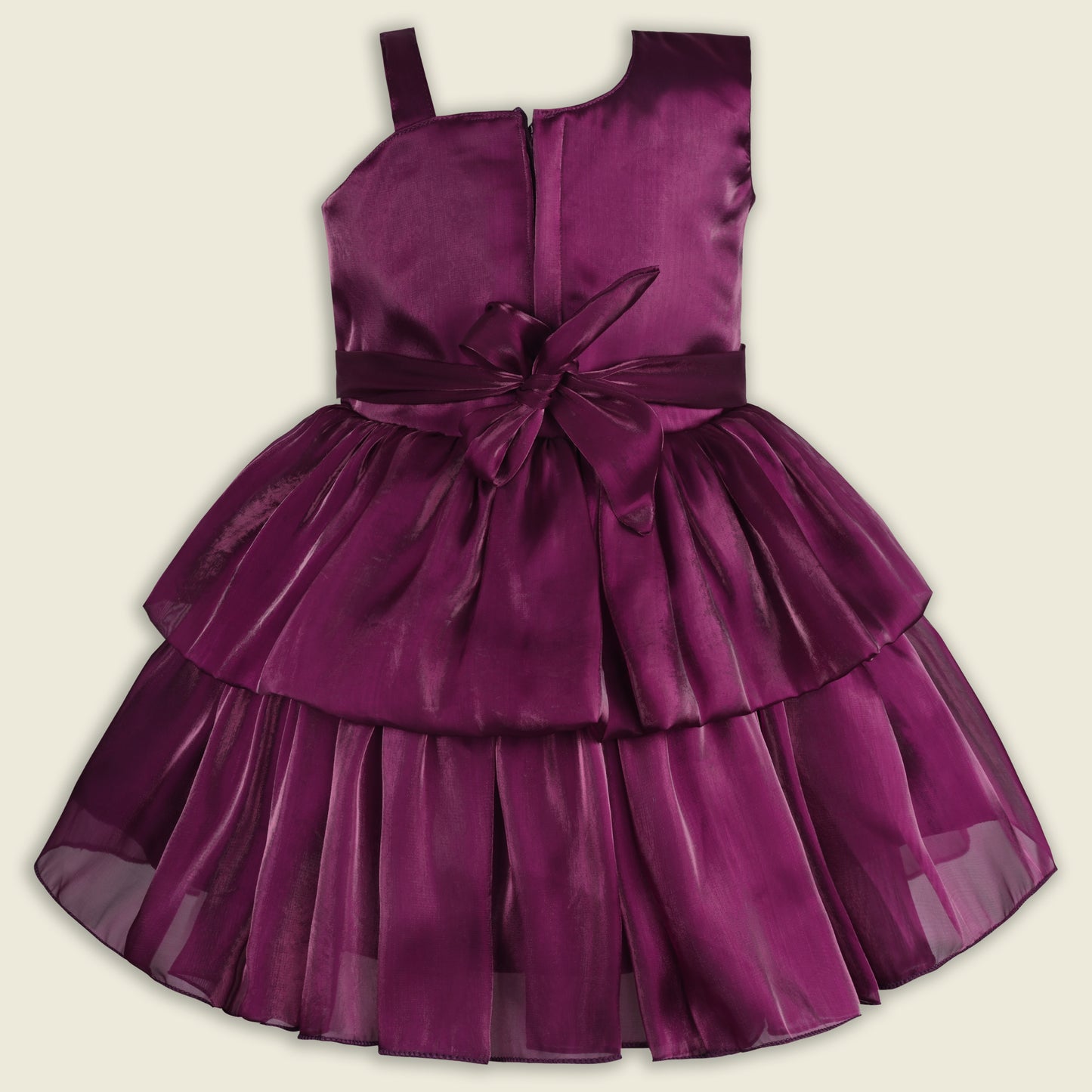 Girls Satin Layered Party Dress with Bow Design