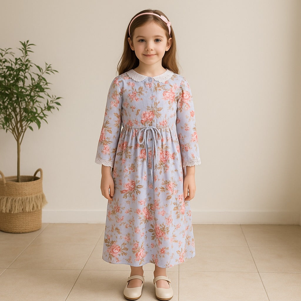 Girls 3/4th Sleeve Floral Print Fit and Flare Frock Dress