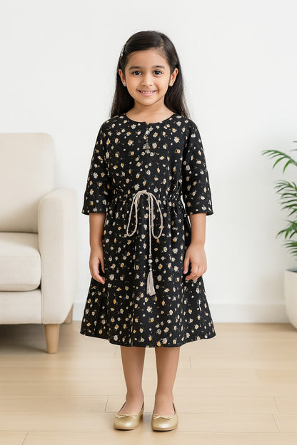 Girls Floral Print Flared Sleeve Casual Dress