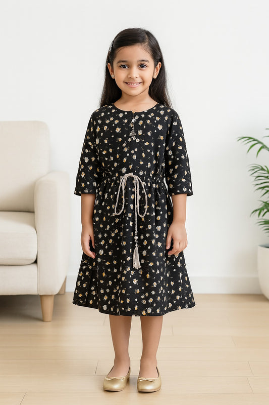 Girls Floral Print Flared Sleeve Casual Dress