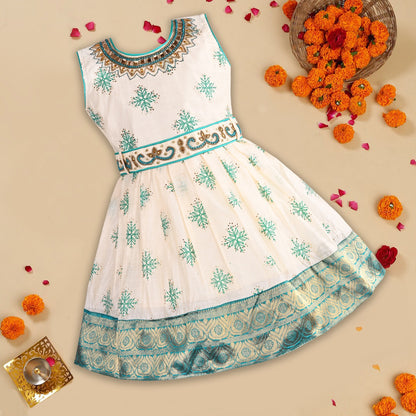 Baby Girls Beaded Woven Zari Border Ethnic Onam Frock Dress