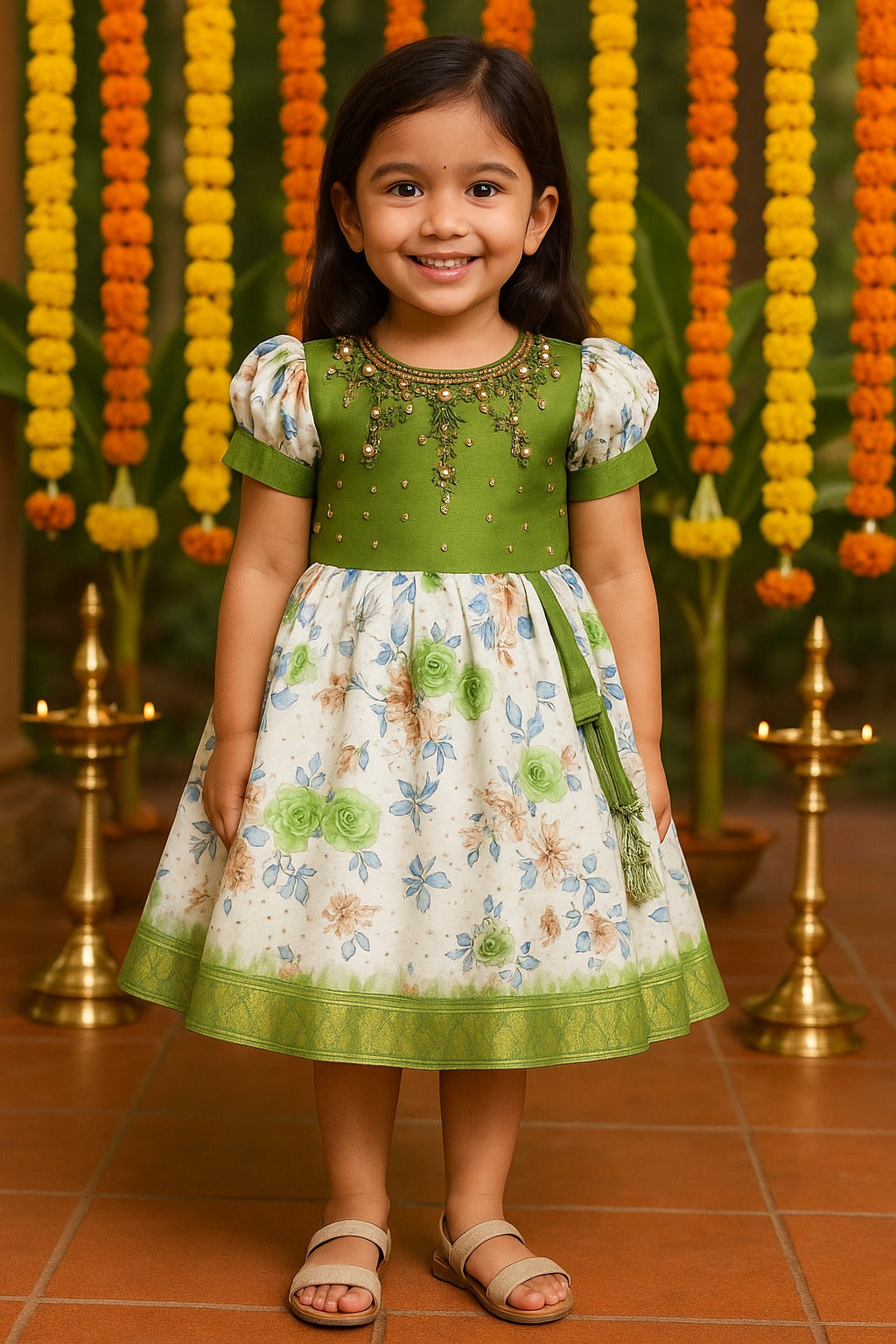 Girls Floral Printed Bead Embellished Ethnic Dress