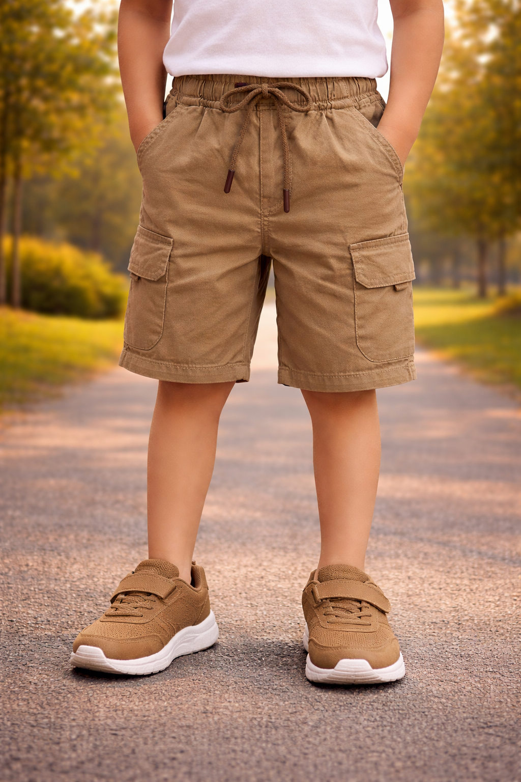 Boys Cotton Denim Cargo Shorts with Drawstring Waist