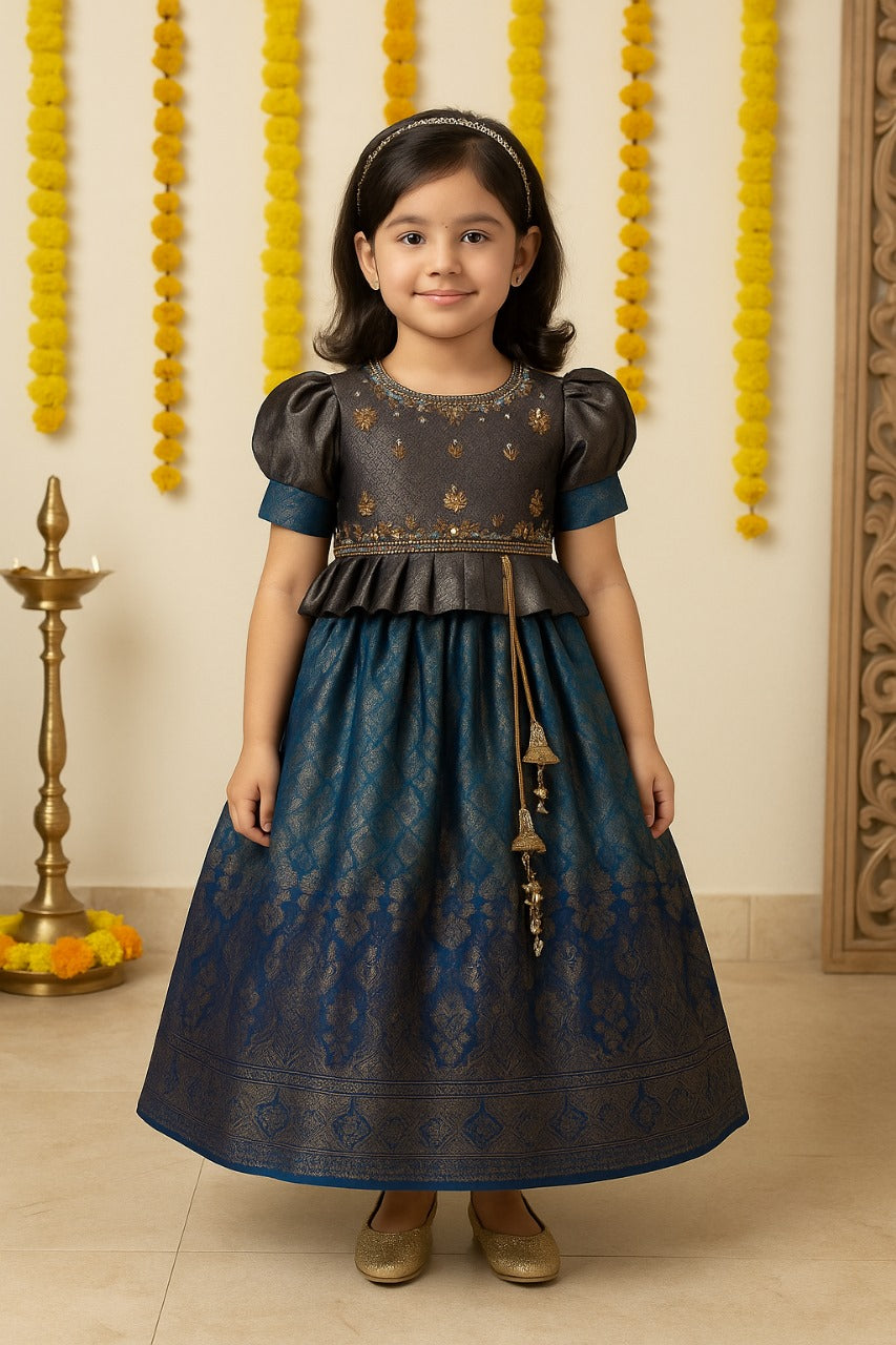 Girls Woven Zari Printed Bead Embellished Ethnic Dress