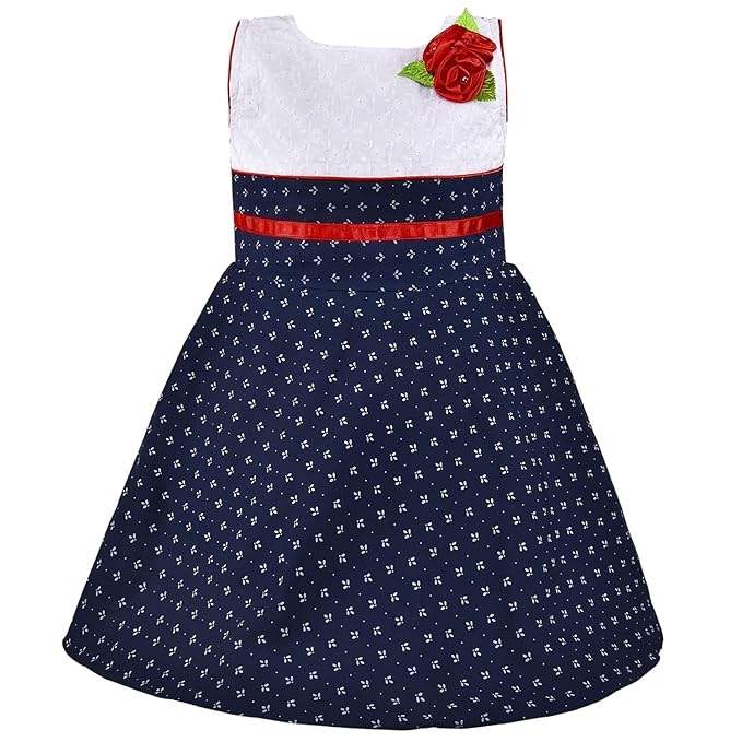 Girls White & Navy Blue Cotton Printed Sleeveless Dress with Floral Detail | Soft & Breathable Kids Casual Party Dress