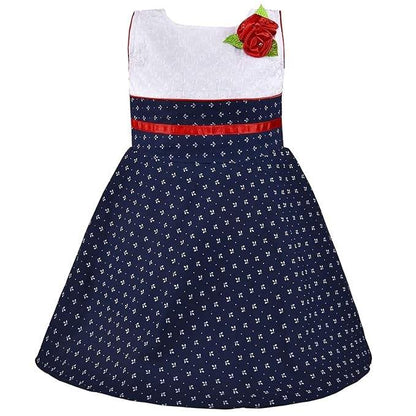 Girls White & Navy Blue Cotton Printed Sleeveless Dress with Floral Detail | Soft & Breathable Kids Casual Party Dress