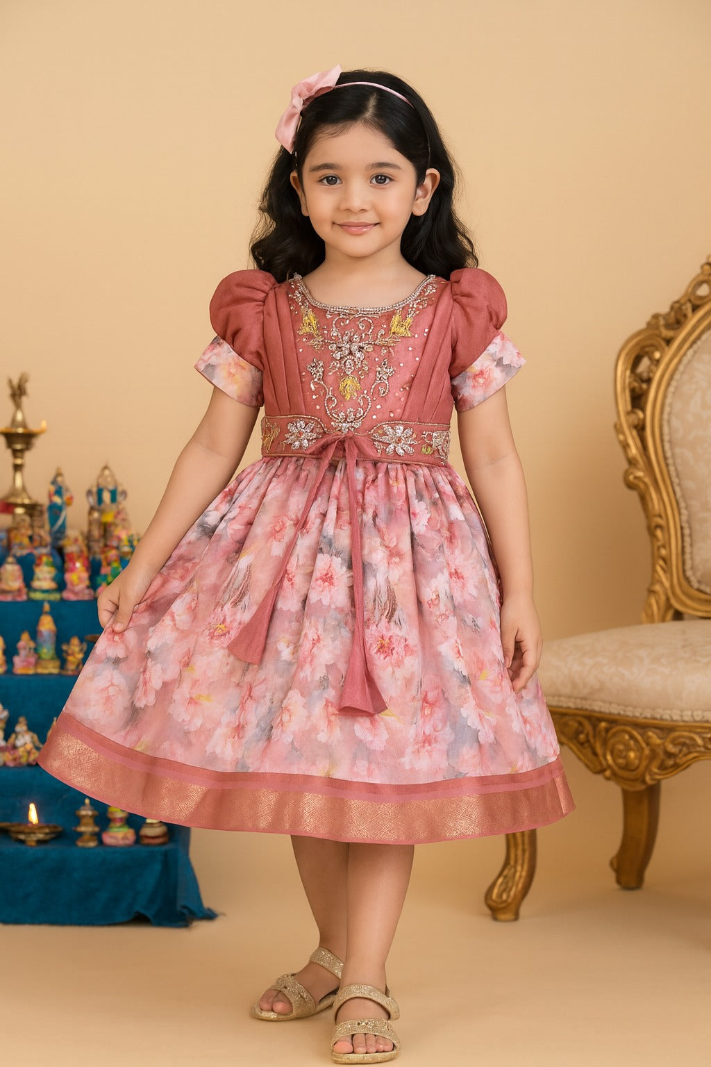 Girls Bead Embellished Zari Border Ethnic Dress