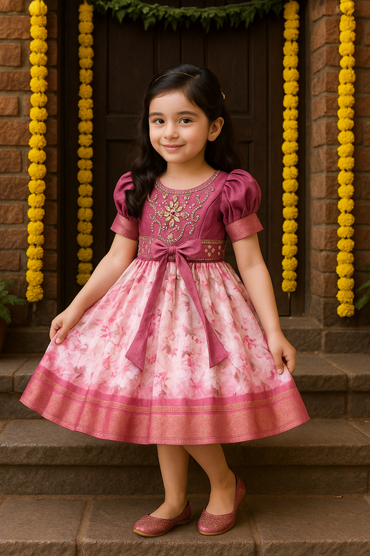 Girls Bead Embellished Zari Border Ethnic Dress