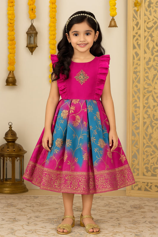 Girls Printed & Bead Embellished Ethnic Dress with Frill Detailing