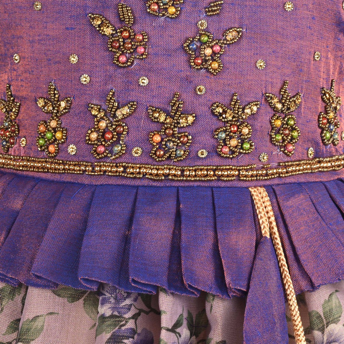 Girls Bead Embellished Printed Silk Ethnic Dress - 1
