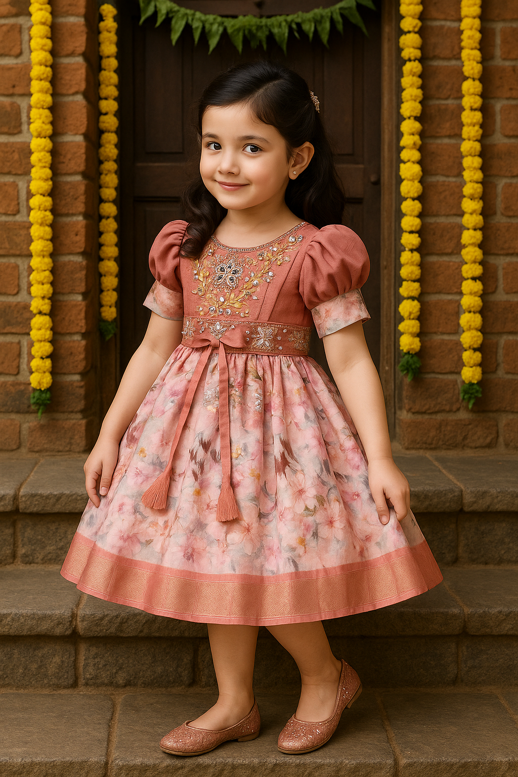 Girls Bead Embellished Zari Border Ethnic Dress