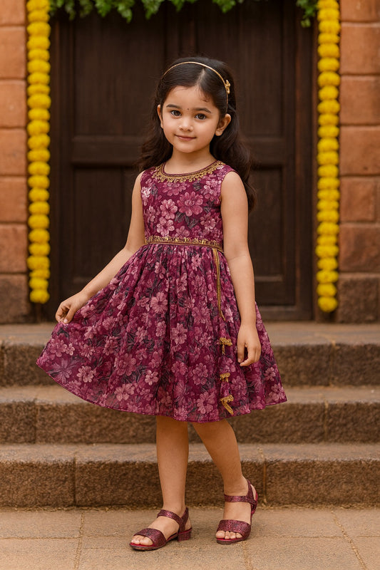 Girls Floral Chiffon Summer Dress with Mirror Work Festive Wear