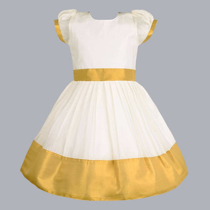 Baby Girls Golden Zari Kasavu Pleated Onam Frock Dress