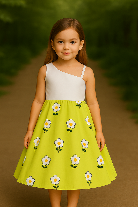 Girls Floral Print One shoulder Sleeve A-Line Frock Dress