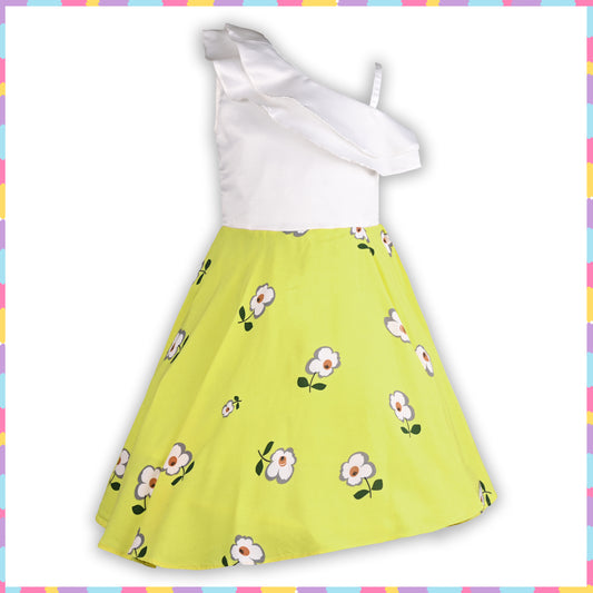 Girls Floral Print One shoulder Sleeve A-Line Frock Dress