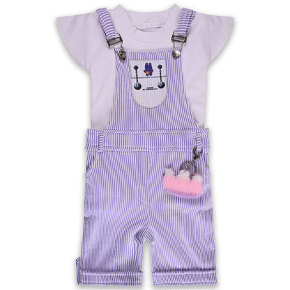Girls Stylish Top and Striped Dungaree Set