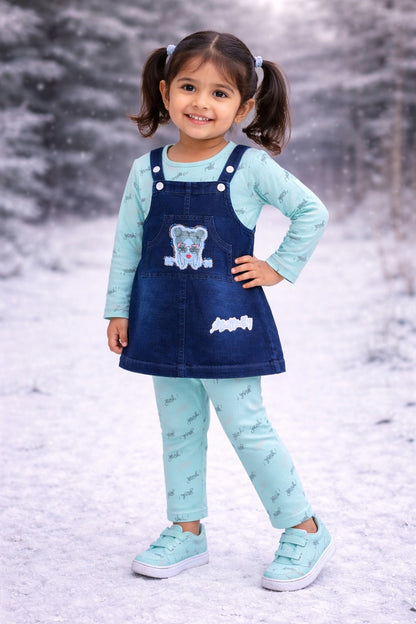 Baby Girls Hosiery Cotton Dungaree Set â€“ Denim Look with Full Sleeves & Leggings