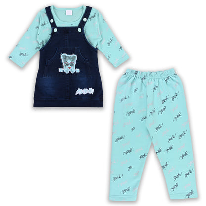 Baby Girls Hosiery Cotton Dungaree Set â€“ Denim Look with Full Sleeves & Leggings