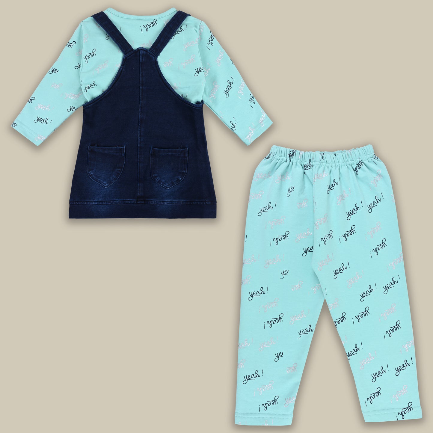 Baby Girls Hosiery Cotton Dungaree Set â€“ Denim Look with Full Sleeves & Leggings