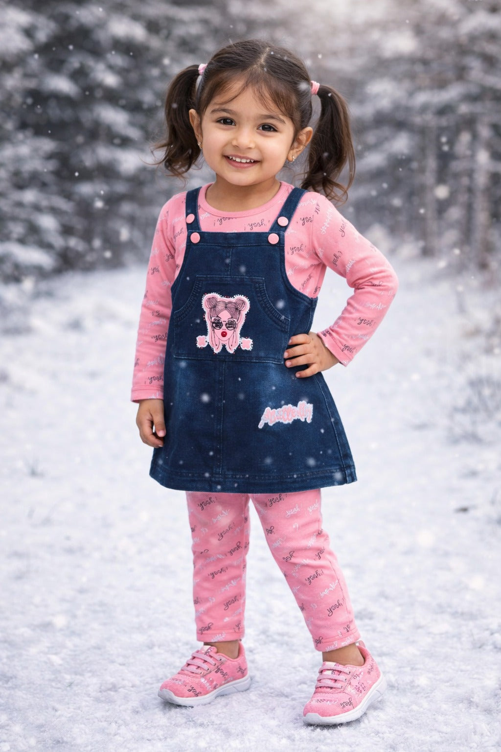Baby Girls Hosiery Cotton Dungaree Set â€“ Denim Look with Full Sleeves & Leggings