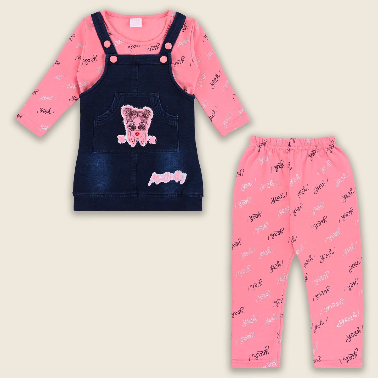 Baby Girls Hosiery Cotton Dungaree Set â€“ Denim Look with Full Sleeves & Leggings