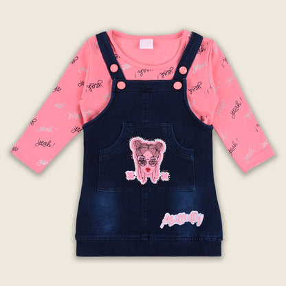 Baby Girls Hosiery Cotton Dungaree Set â€“ Denim Look with Full Sleeves & Leggings