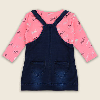 Baby Girls Hosiery Cotton Dungaree Set â€“ Denim Look with Full Sleeves & Leggings