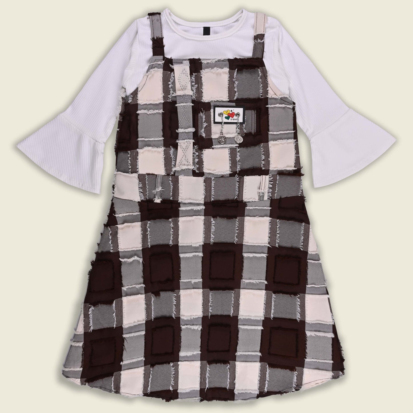 Girls Checkered Texture Flared Top with Dungaree