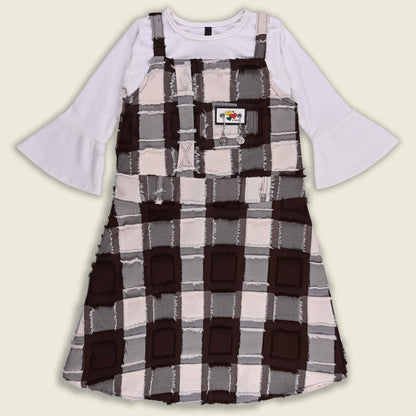 Girls Checkered Texture Flared Top with Dungaree