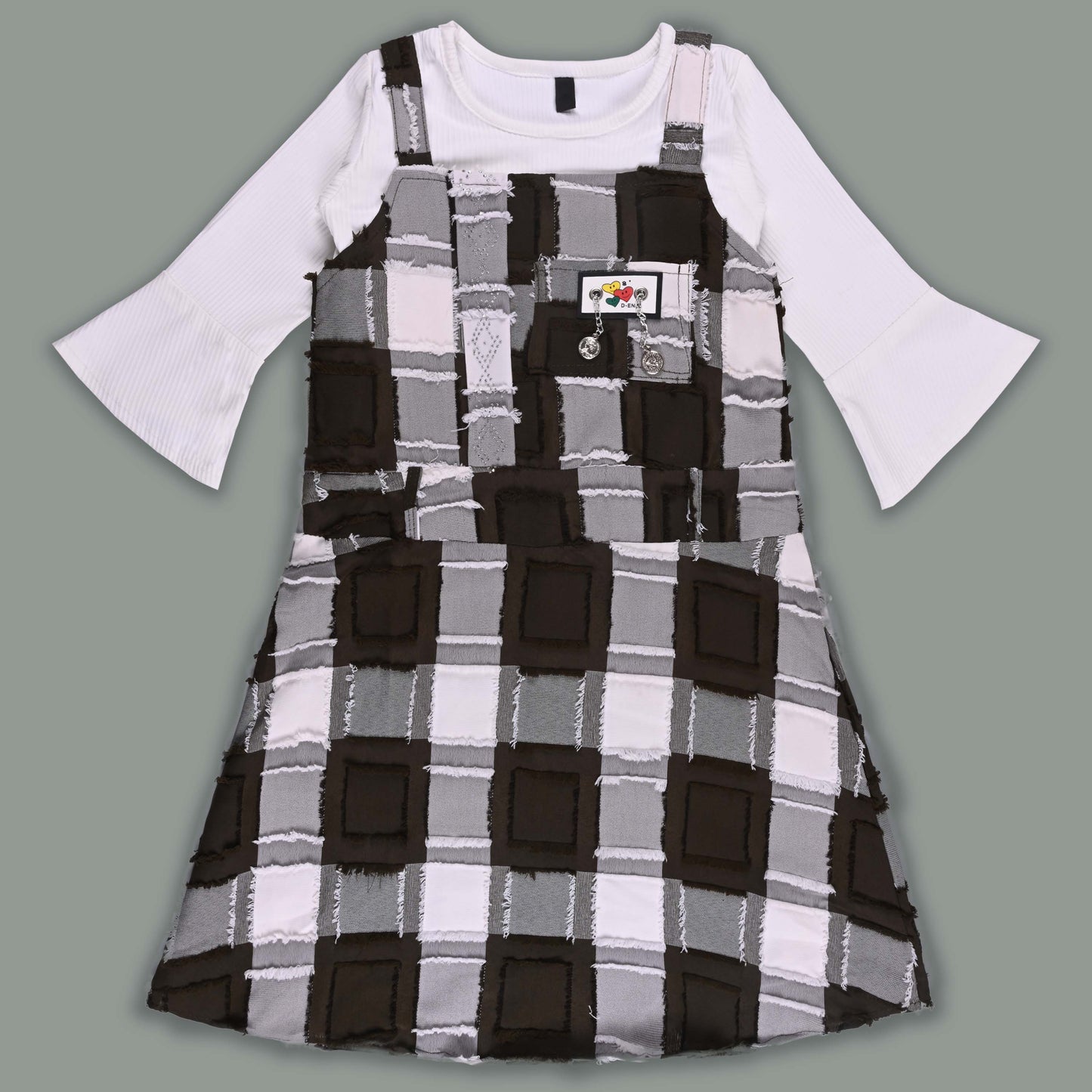 Girls Checkered Texture Flared Top with Dungaree