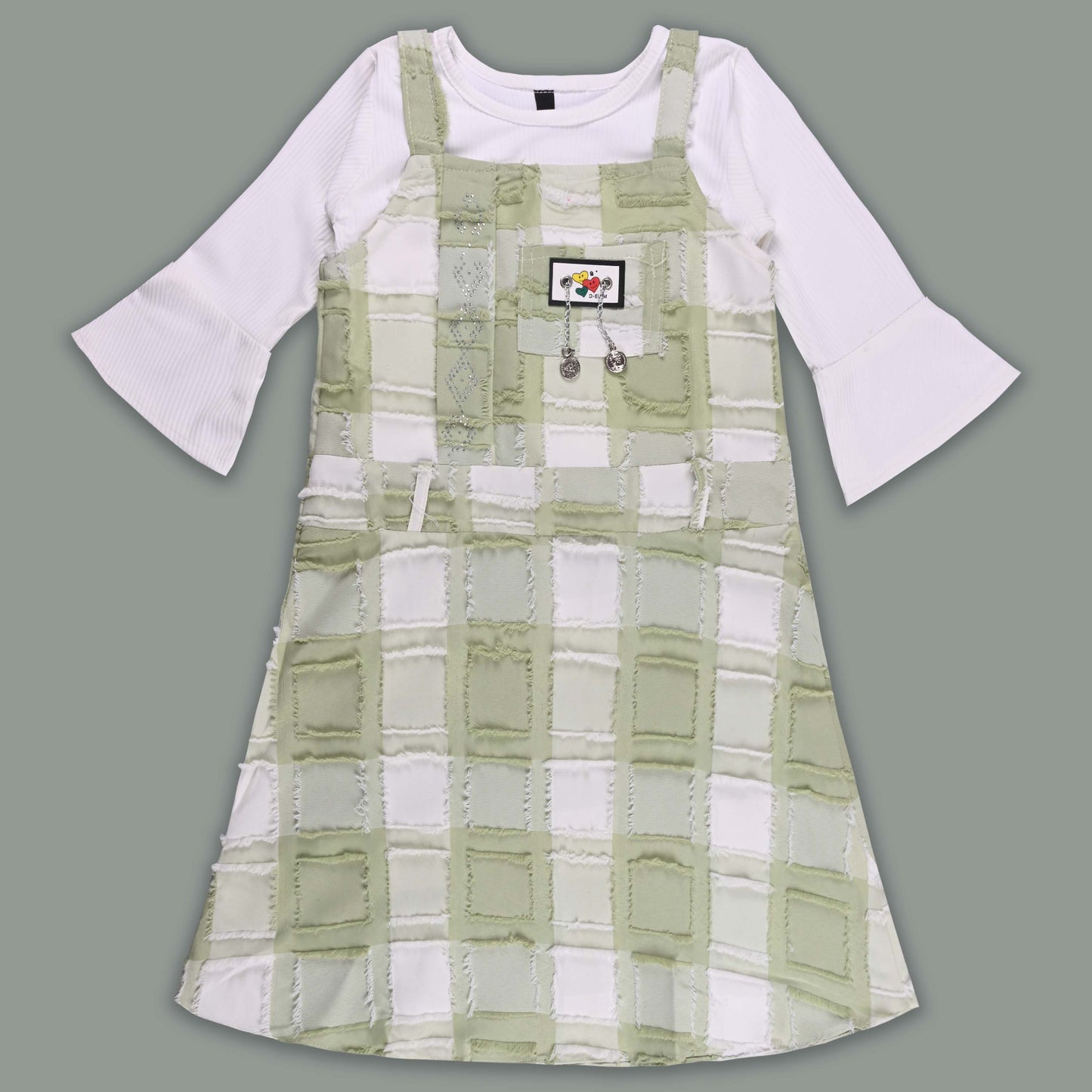 Girls Checkered Texture Flared Top with Dungaree