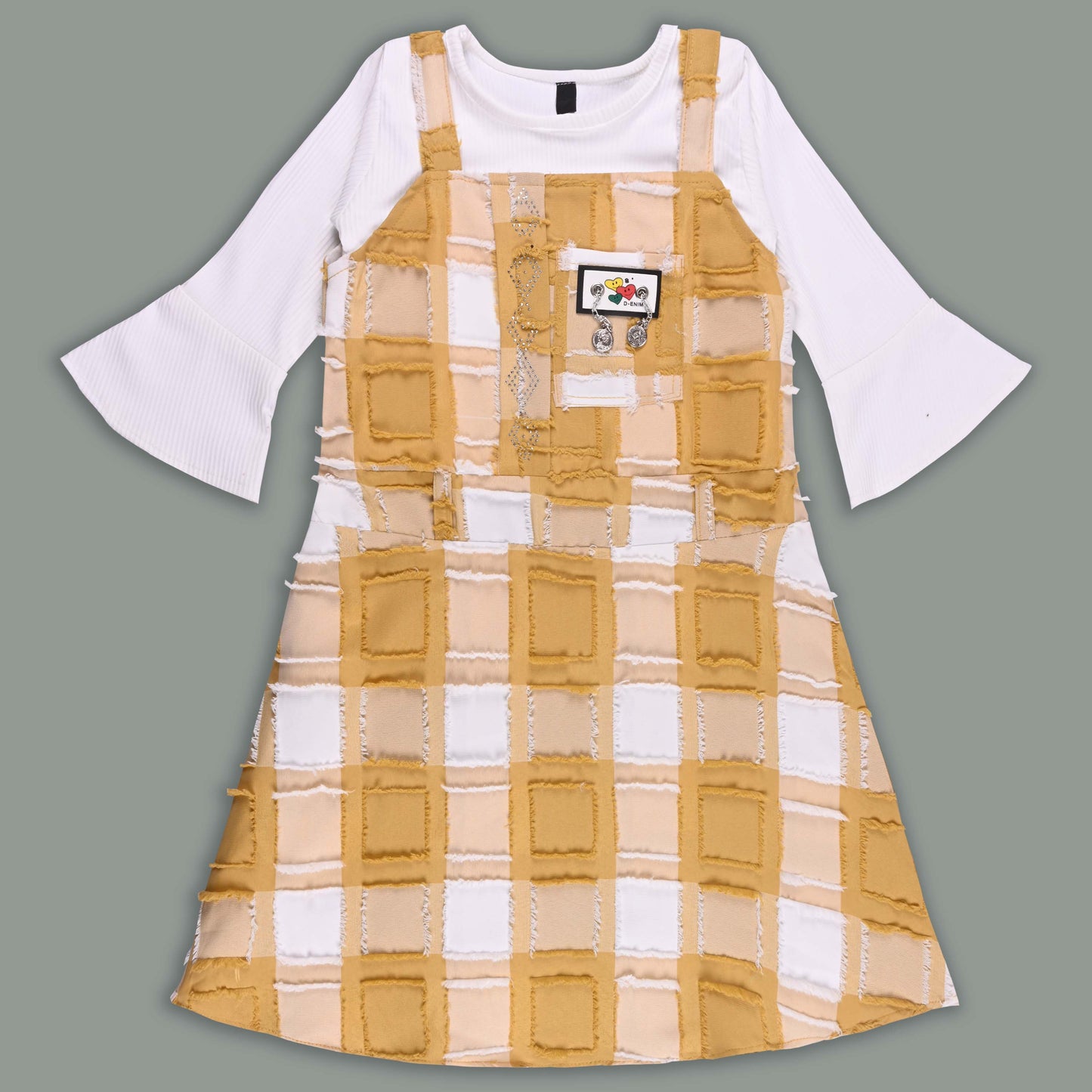 Girls Checkered Texture Flared Top with Dungaree
